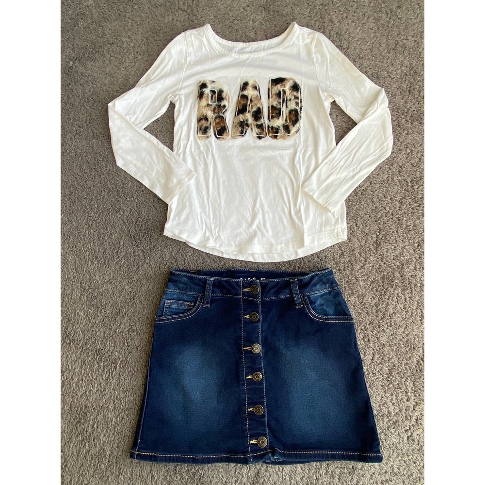Girls top/denim skirt bundle, size medium (7/8)